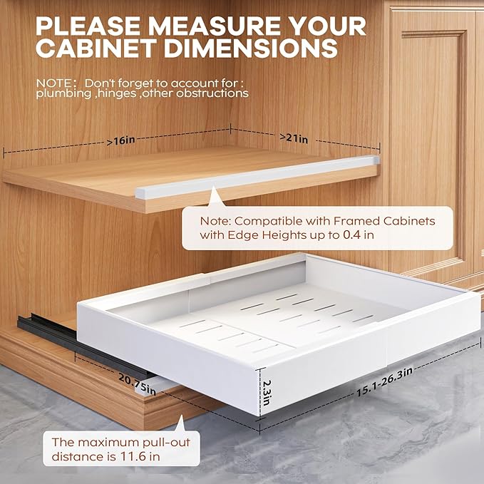 2 Pack Expandable (15.1"-26.3") Pull Out Cabinet Organizer 21" Deep With Raising Pad for Framed Cabinets,Upgrade 3 Slide Rails Slide Out Drawers,No Drill Roll Out Shelves Adhesive,White