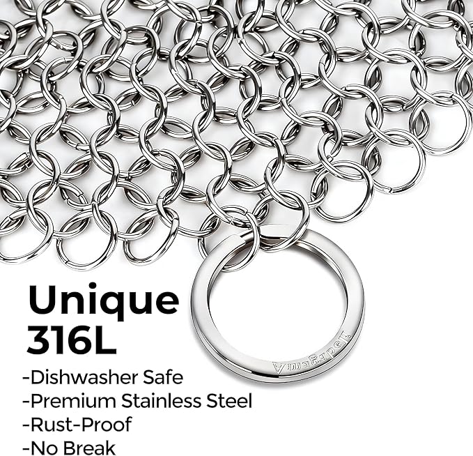 AMAGABELI GARDEN & HOME 7”x7” Cast Iron Cleaner 316L Stainless Steel Chainmail Scrubber for Griddle Skillet Dutch Oven Wok Grills Stainless Steel Pot Cast Iron Pan