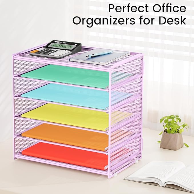 2 Pack 6 Tier Paper Organizer, Metal Mesh Desk File Folder, Letter Tray Organizer, Paper Sorter Desk Organizers for Office, Home or School File Folder Holder - Purple