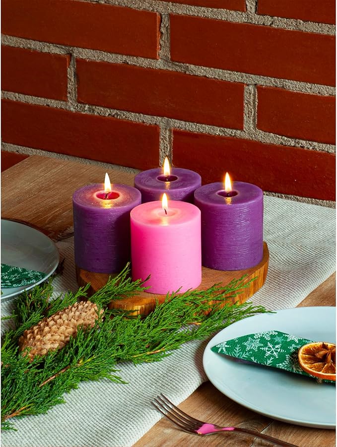 CANDWAX 3x3 Inch Advent Pillar Candles Set of 4 - Long Burning Dripless Unscented Pillar Candles - Rustic Style for Advent Wreaths, Christmas Décor - 3 Purple and 1 Pink Pillars