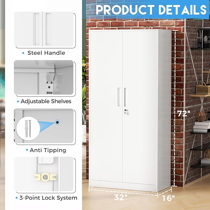 Greenvelly White Metal Storage Cabinet, 72" Steel Locking Cabinet with Doors and 4 Adjustable Shelves, Tall Tool Cabinets Lockable File Cabinet for Home Office, Metal Classroom Cabinet for Garage