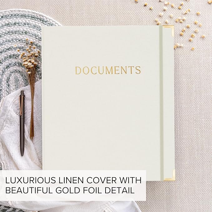 Sturdy Document Organizer Set with Folders - Beautiful Linen 3-Ring Binder Safely Stores All Important Documents & Files in One Place - Easy to Use Expanding Storage Incl. Envelopes, Pockets & Labels