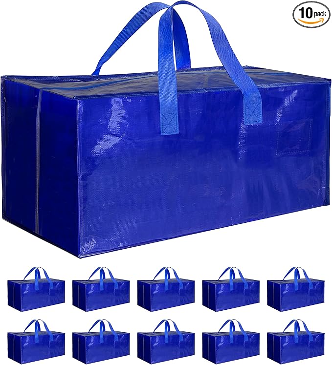 10 Pack Oversized Heavy Duty Moving Bags with Backpack Straps, Strong Handles & Zippers, Extra Large Storage Tote Moving Boxes for Space Saving, Blue