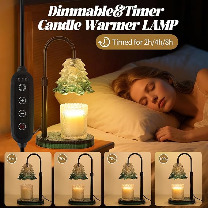 Christmas Tree Shaped Candle Warmer Lamp with Timer & Dimmer – Adjustable Wax Melt Lamp for Jar Candles, Home Decor Accent for Women – 2 Bulbs, Flame-Free & No-Smoke Use (Green)
