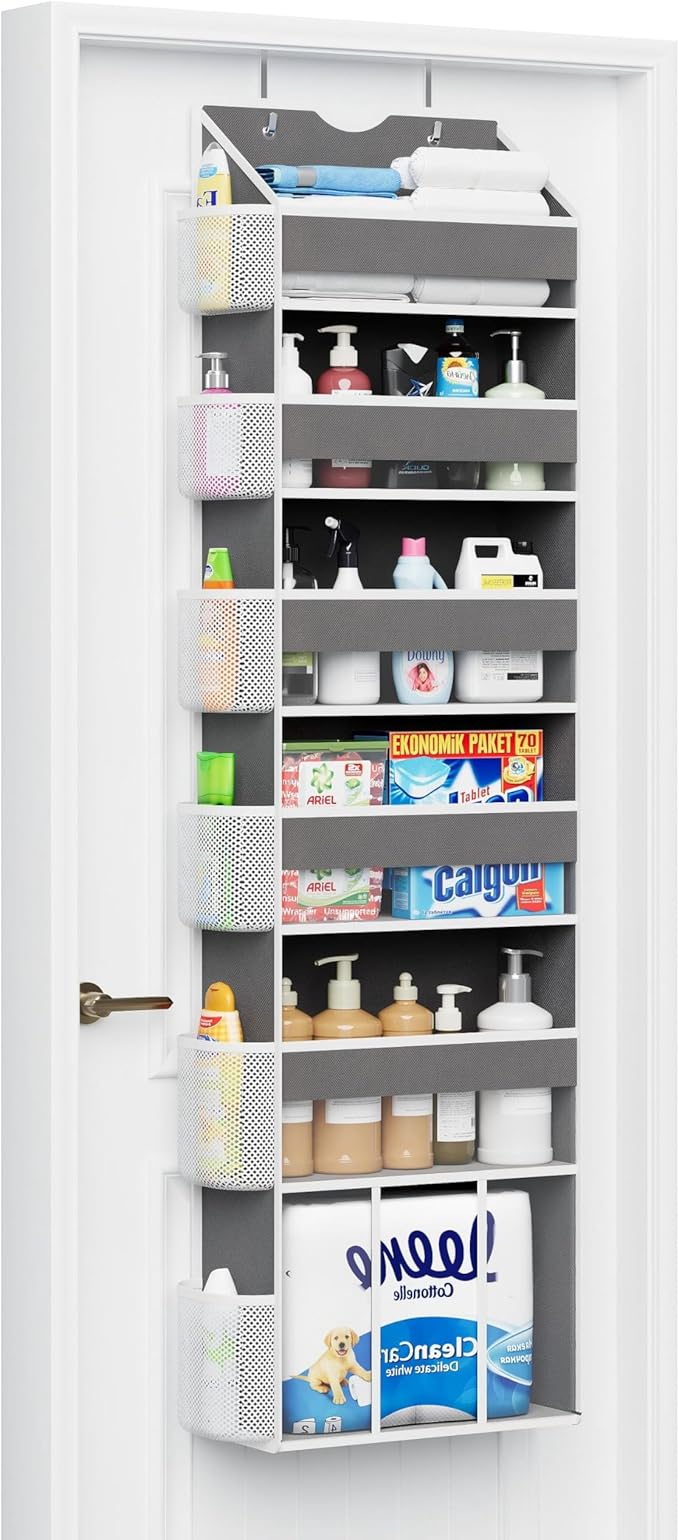 Over The Door Organizer, Hanging 6-Shelf Storage Organizer with 50lb Heavy Duty Perfect for Bathroom Closet Nursery Bedroom (Grey,1 Pack)