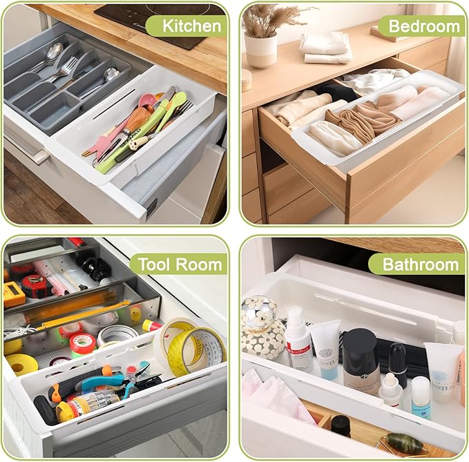 Booson 4 PCS Deep Drawer Organizer Bin Adjustable Sliding Drawer Organizers Expandable Kitchen Organizer Trays for Home Office Makeup Storage Tools