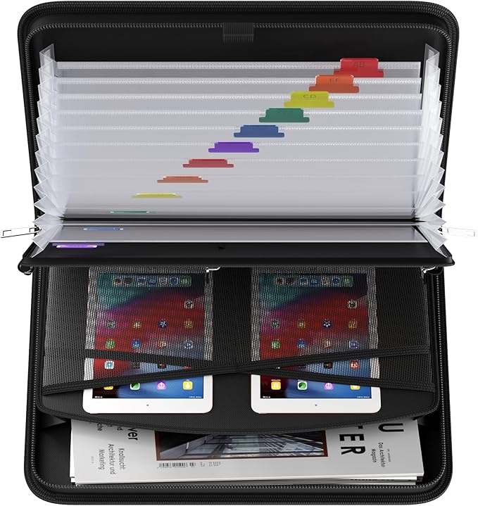 Fireproof & Waterproof Accordion File Organizer, 13-Pocket Expanding Document Organizer with Handle & Labels,Heat-Resistant fireproof file folder A4/Letter Files, Safe travel file organizer