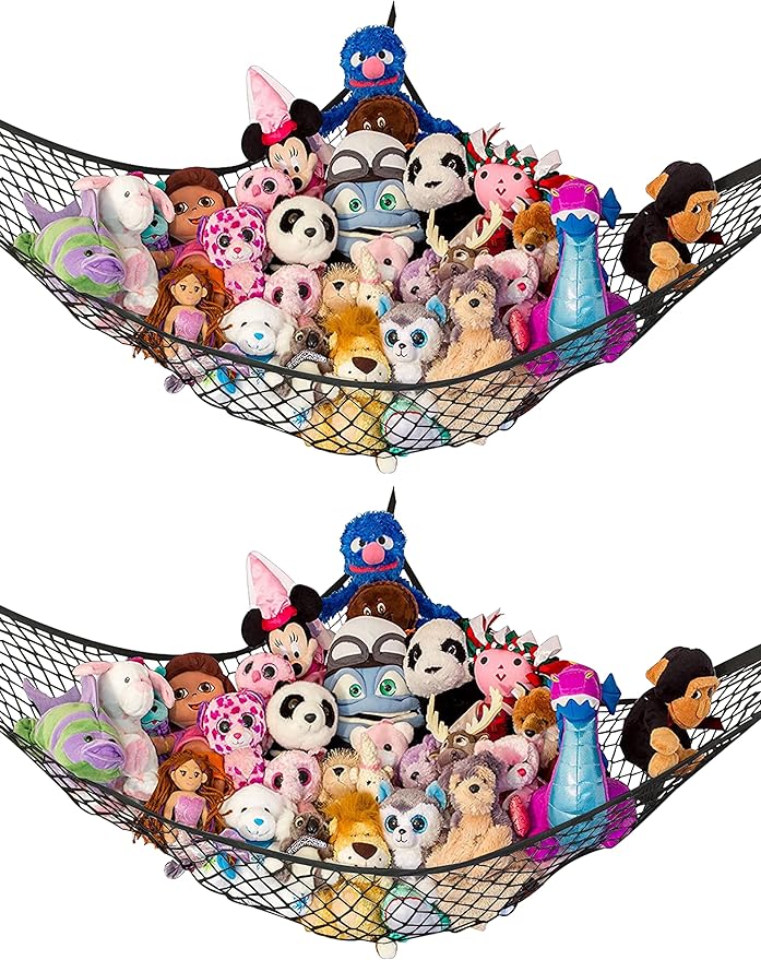 Lilly's Love Stuffed Animal Hammock | Corner Hanging Organizer, Toy Storage, Stuffed Animal Storage Net | Made from Quality Fishing Net, Holds 12lbs | 67"x47"x47" (Black, 2 Pack)