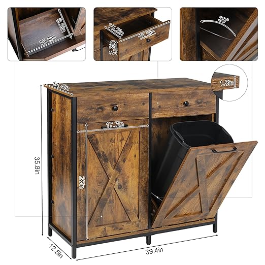 Clevich Double Tilt Out Trash Cabinet 20 Gal, Kitchen Wooden Recycling Cabinet, Hidden Garbage Can Holder w/Drawers & Tabletop, Dog-Proof Trash Bin Cupboard, Rubbish Bins NOT Included (Retro Brown)