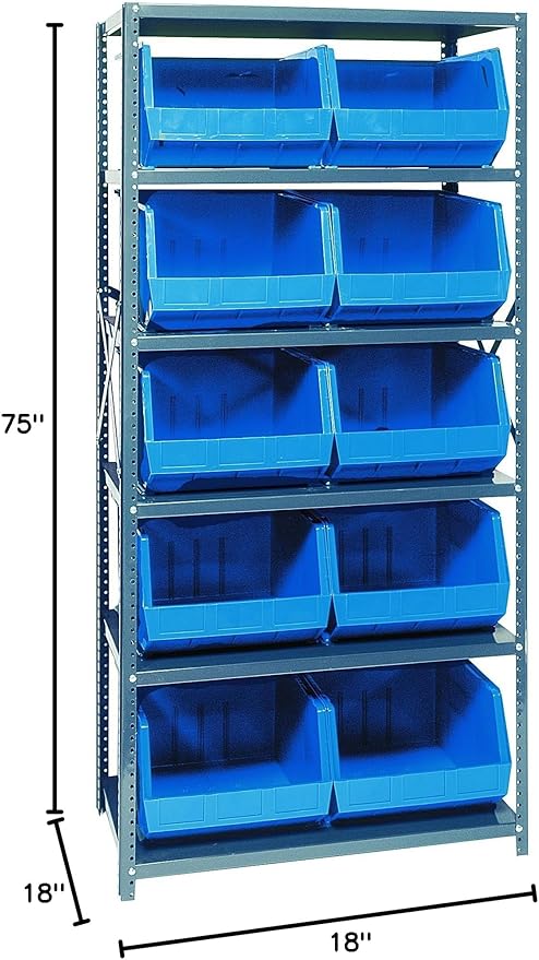Quantum Storage Systems QSBU-270BL Giant Open Hopper Steel Shelving System, 18" D x 36" W x 75" H, with 6 Shelves and 10 QUS270 Bins, Blue