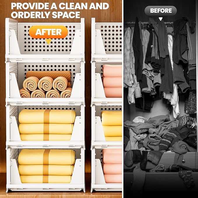 Mavivegue 4 Pack Stackable Closet Storage, Plastic Drawer Basket,Closet Organizers Storage Box for Cupboard,Bedroom, Kitchen, Bathroom, Office White