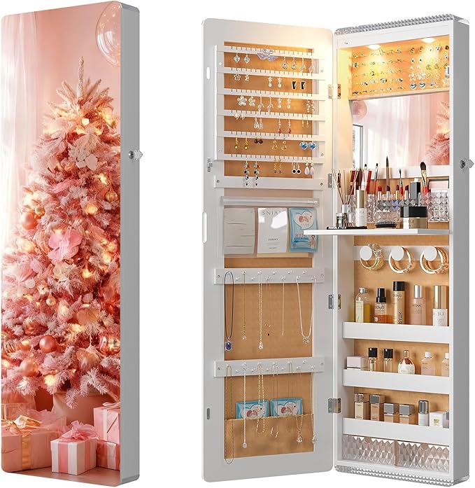 Lvifur 47.2" LED Jewelry Mirror Cabinet,Lockable Wall/Door Mounted Full Length Mirror with Storage, Over the Door Hanging Jewelry Organizer-2 Drawers,Foldable Shelf, Built-in Lighted Mirror (White)