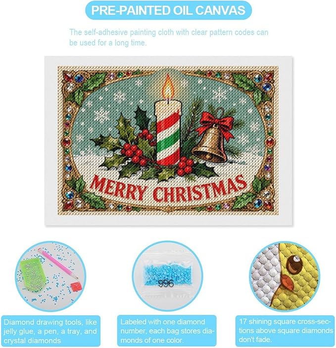 AIVKIEJK Diamond Painting Kits for Adults - Merry Christmas Candle & Holly Accents Painting DIY 5D Full Drill Diamond Dots Paintings with Diamonds Gem Art and Crafts Home Decor 8"x12"
