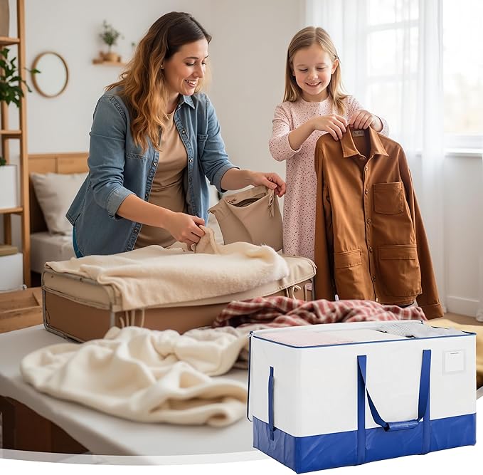 StorageWorks 6 Pack Extra Large Lidded Storage Bins, Moving Bags with Lid, Heavy Duty Storage Packing Tote for Clothes, Collapsible Moving Supplies with Reinforced Handles, White and Blue