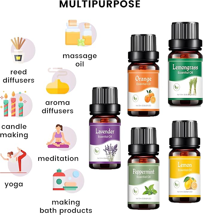 Essential Oils Set - 5 Blends for Diffusers, Home Care, Candle Making Scents, Fragrance, Aromatherapy, Humidifiers, Gifts - Peppermint, Lemongrass, Lavender,Lemon, Orange (5pcs)