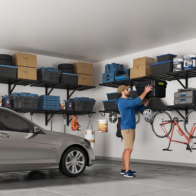 FLEXIMOUNTS 2x4ft Garage Wall Shelving, 2-Pack Heavy Duty Garage Shelving Wall Mounted with 8 Hooks, 400lbs Capacity, Storage for Power Tools, Garden Supplies, Storage Bins, Lite Series
