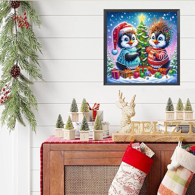 Christmas Penguins 5D Special Shape Diamond Art Kits for Beginners, Christmas Winter Theme Diamonds Painting Kits for Adults,DIY Crystal Rhinestones Diamond Paintings for Home Wall Decor 12×12Inch