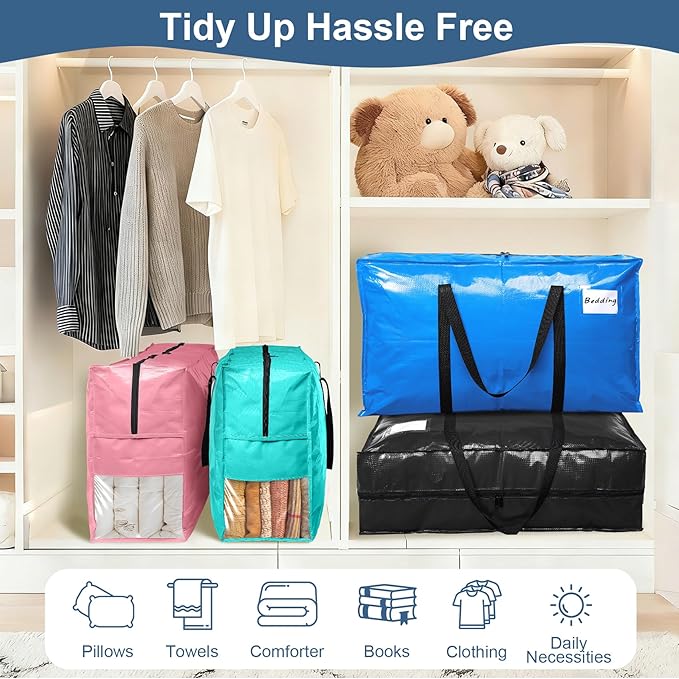 6Pcs Extra Large Heavy Duty Moving Bags with Reinforced Zippers & Handles, 67L Waterproof Storage Tote Bag Bins Alternative to Box Moving Supplies Space Saving for Travel College Dorm Essentials Green