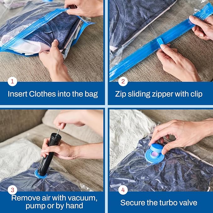 Premium Space Saver Vacuum Storage Bags - Space Saver Bags Jumbo 6 Pack - Save 80% More Storage Space - Reusable, Double Zip Seal & Leak Valve, Includes Travel Hand Pump