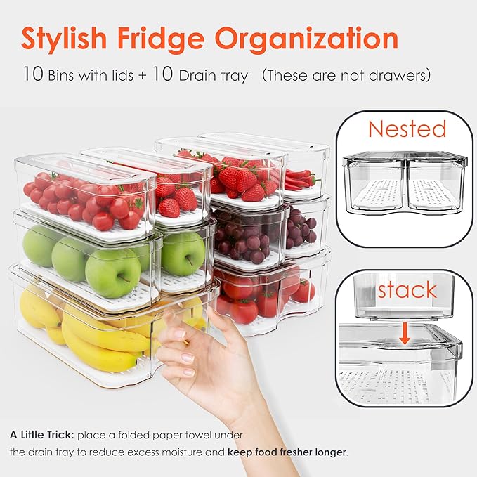 Fridge Organizers and Storage, 10 Pack Clear Freezer Organizer Bins with Lids for Kitchen, Pantry, Refrigerator, Food, Fruit, Vegetable Storage