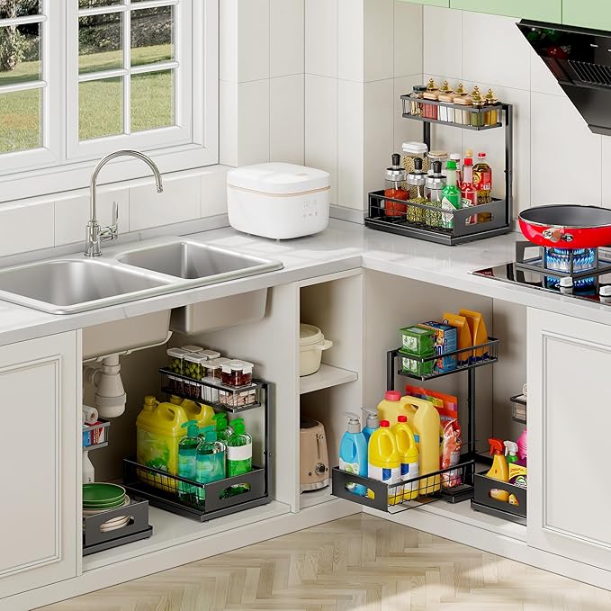 Under Sink Organizer, Cabinet Organizer for Kitchen, Height Adjustable Pull Out Heavy Duty 2 Tier Metal Under Sink Storage for Bathroom Pantry (Black, 1 Pack)