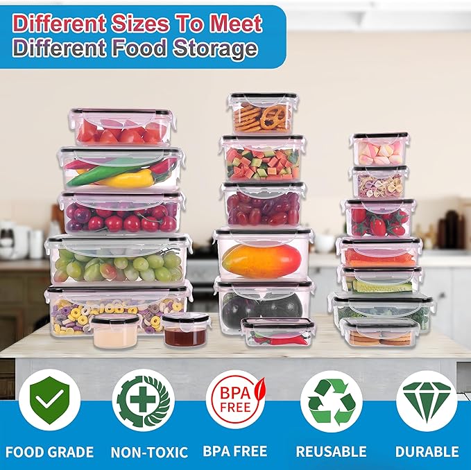 44-Piece Reusable Food Storage Containers with Lids Airtight, Leakproof Plastic Meal Prep Storage Food Grade Kitchen Organizer, Stackable Freezer Containers, Microwave & Dishwasher Safe