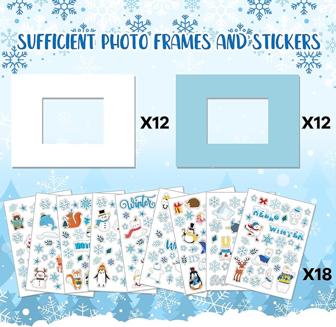 Hayux DIY Craft Kits for Kids - 24 Packs DIY Winter Wonderland Photo Frames Set with Stickers Paper Picture Frames Funny Winter Gifts Craft for Christmas Party Favors School Activities