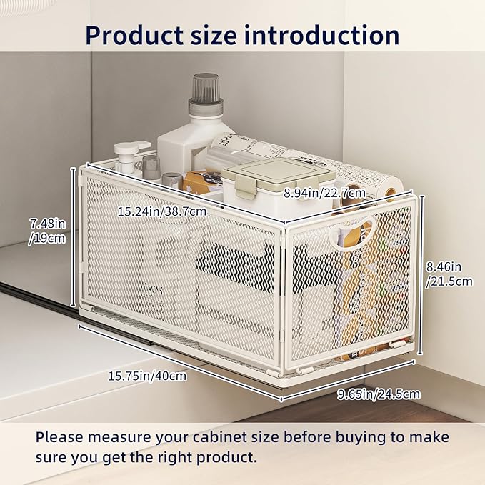 Pull Out Cabinet Organizer, No Drill Adhesive Sliding Drawers for Kitchen, Metal Mesh Wire Storage Shelf for Pantry & Under Sink, White (9.6" W x 15.7" D x 8.4" H)