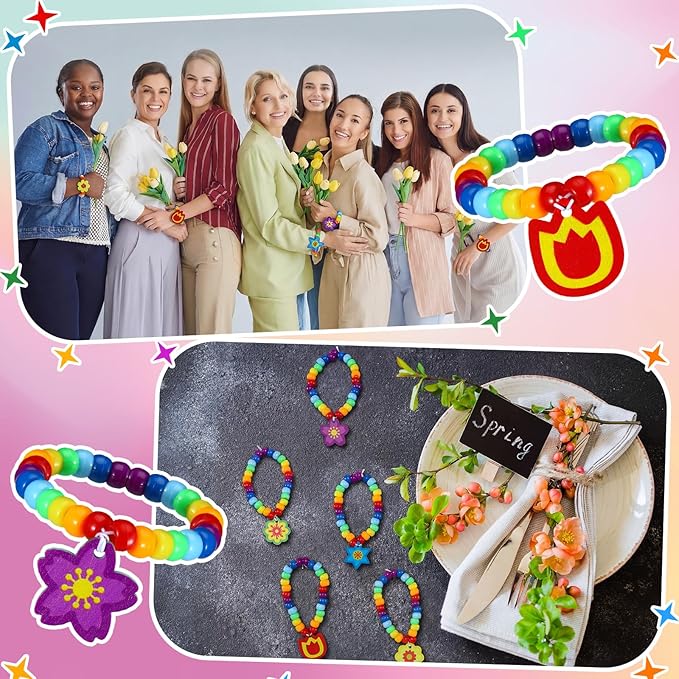 Tondiamo 24 Sets Mothers Day Crafts Spring Flower Beads for Bracelets DIY Colorful Flower Bracelet Making Kit for Spring Mothers Day Jewelry Making Supplies DIY Activities Party Favor Gifts