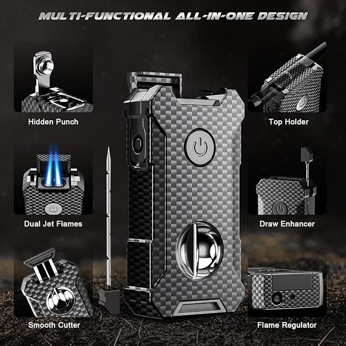5-in-1 Torch Lighter with Cutter, Punch, Holder, and Draw Enhancer Tool, Adjustable Dual Jet Flames, Trendy Gift for Men, Refillable Butane Lighter, Rechargeable Lighters for Candle, Travel Outdoors
