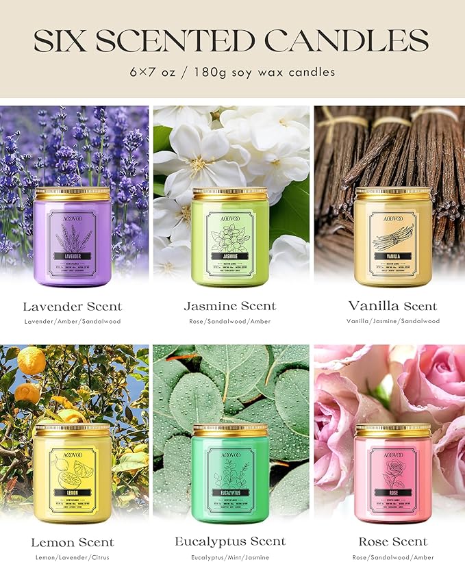 AOOVOO Scented Candles for Women - 6 Pack Colorful Jar Candle for Home Scented, 42oz Soy Candles, 300 Hours Burn Time, Aromatherapy Candles Gifts Set for Birthday