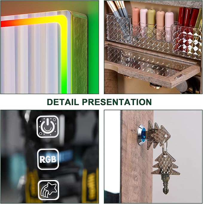 Lvifur LED Mirror Jewelry Cabinet - with RGB lights,Lockable Wall/Door Mounted Full Length Mirror with Storage,Hanging Jewelry Organizer-2 Drawers,Foldable Shelf,Built-in Lighted Mirror(Wood)
