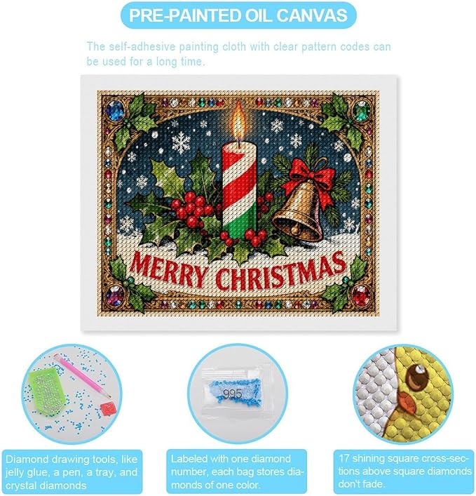 AIVKIEJK Diamond Painting Kits for Adults - Merry Christmas Candle & Holly Accents Painting DIY 5D Full Drill Diamond Dots Paintings with Diamonds Gem Art and Crafts Home Decor 16"x20"