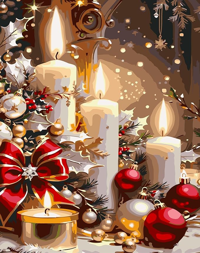 Meothan Christmas Paint by Bumbers for Adults Xmas Candles DIY Paint by Numbers Acrylic Paint Canvas Winter Painting Art Kits for Home Decor and Gifts 16x20 Inch (Without Frame)