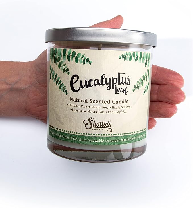 Eucalyptus Leaf Scented Natural Soy Candle, Essential Fragrance Oils, 100% Soy, Phthalate & Paraben Free, Clean Burning, 9 Oz.