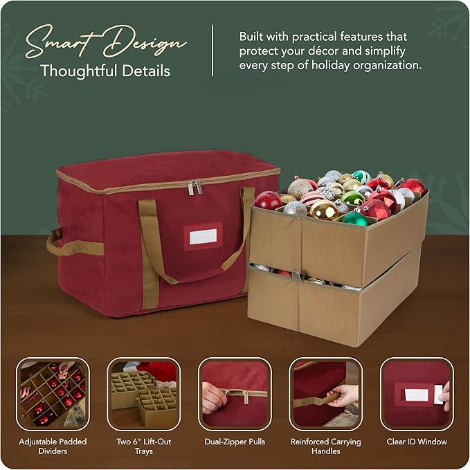 Covermates Keepsakes Adjustable Ornament Storage Bag – Heavy-Duty Polyester, Padded Dividers & FlexGrid Trays – Protective Holiday Ornament Organizer with Handles & Label Window, Red