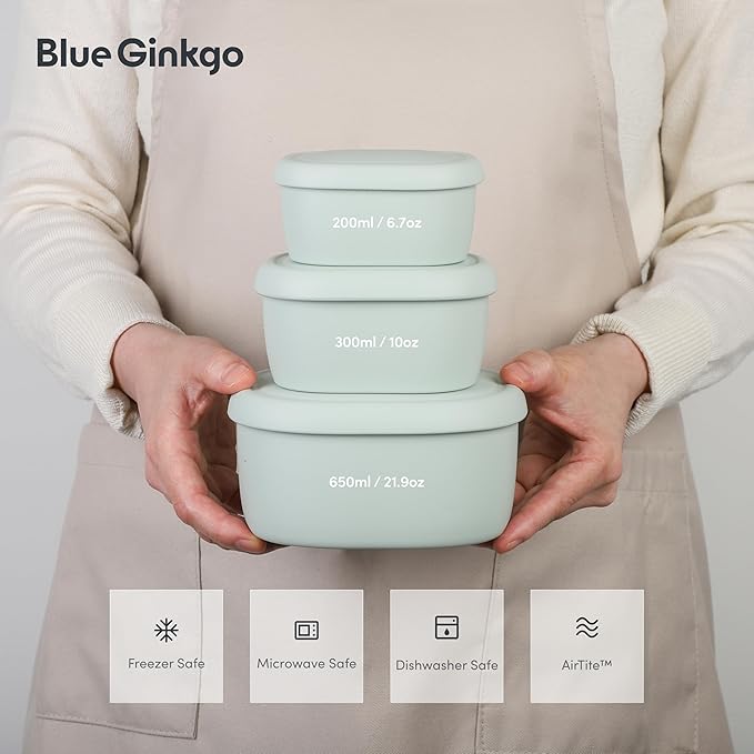 BLUE GINKGO Nesting Silicone Containers - Set of 3 Hard-Shell Silicone Food Storage Containers | BPA Free, Airtight, Dishwasher and Freezer Safe (6.7oz, 10oz, 20oz) - Green