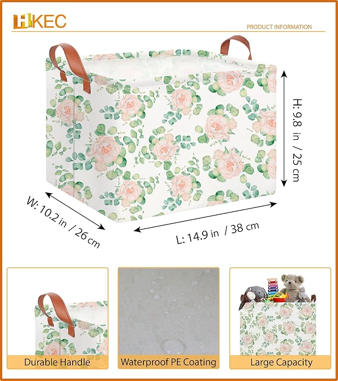 Rectangle Storage Basket with Handles,Collapsible Storage Bin,Books Box,Gift Basket(Watercolor Rose)