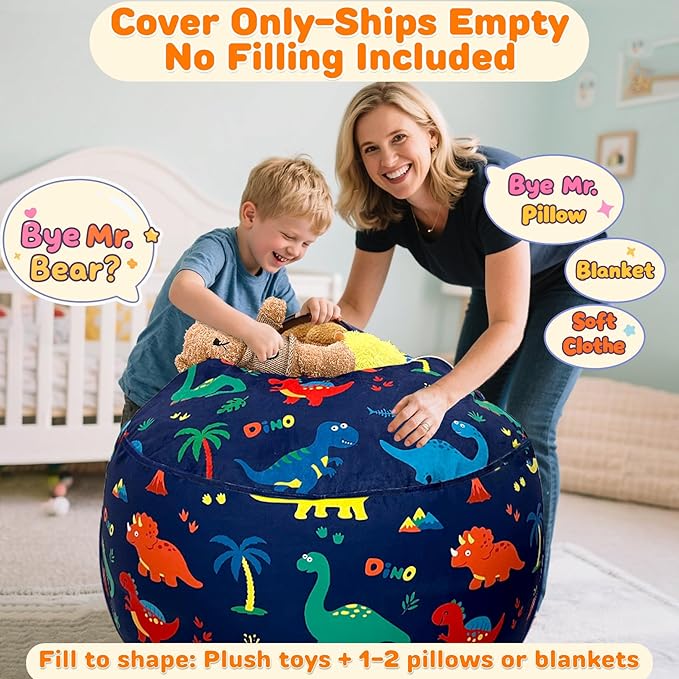 Lukeight Dinosaur Stuffed Animals Storage Bean Bag Chair Cover Only (Ships Empty, No Filling) - Velvet YKK Zipper Beanbag Cover for Toddlers and Kids, Washable Plush Toy Organizer, Large 27" D x 16" H