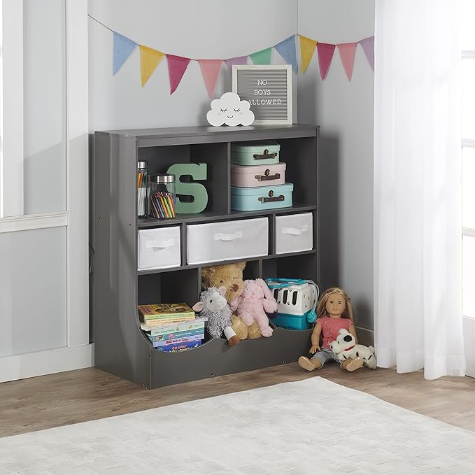 Badger Basket Combo Bin Toy Storage Unit and Book Shelf for Kids with 3 Baskets - Dark Gray