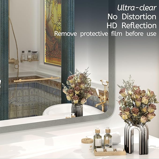 OKPAL 22 x 30 Brushed Nickel Bathroom Vanity Mirror, Rounded Rectangle Silver Bathroom Mirror, Brushed Silver Framed Farmhouse Mirror, HD Anti-Rust Wall Mirror(Horizontal/Vertical)
