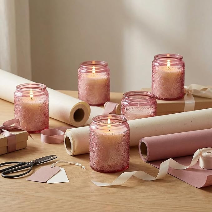 Art Secret 9-Pack 8oz Embossed Glass Candle Jars with Lids and Labels - Sun Moon Stars Design (Pink)