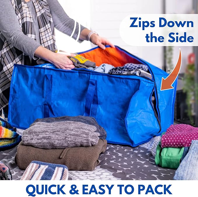 Creative Green Life Extra Large Moving Bags and Clothing Storage Bins with Strong Zipper & Carry Handles, Stackable, Heavy Duty Packing Moving Boxes for College Dorm Room Essentials (Blue, 8 Pack)