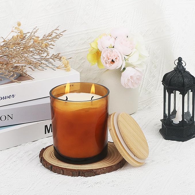 MILIVIXAY 12Pack 12 OZ Amber Thick Glass Candle Jars with Lids - Bulk Empty Candle Jar for Making Candles - Spice, Powder Containers.