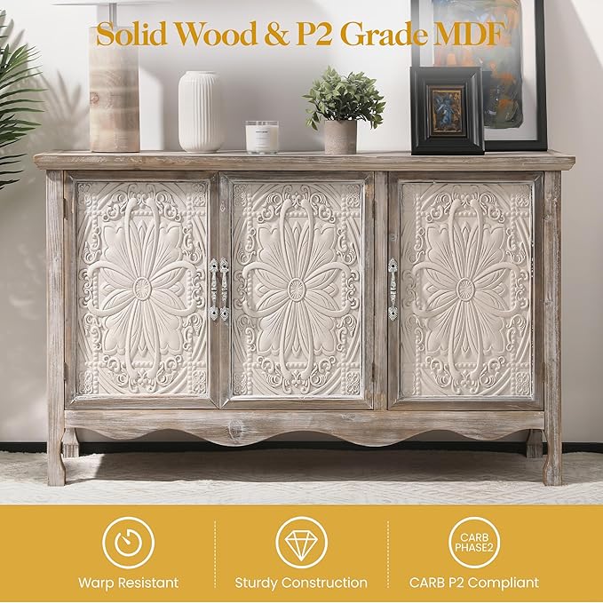 RoyalCraft Buffet Cabinet with Storage, Vintage Solid Wood Sideboard with 3 Carved Doors, Painted Coffee Bar Console Table for Dining Room, Living Room, Kitchen, Distressed Black