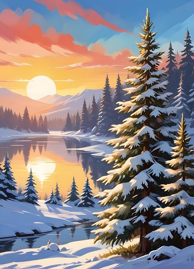 QZOTRXI Christmas Diamond Painting Kits for Adults, 5D DIY Snow Sunset Diamond Art Kits for Beginners, Winter Snow Gem Art Full Round Drill for Gifts and Home Wall Decor 12x14 Inch