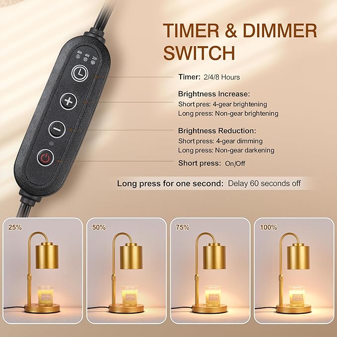 CASTLELIFE Candle Warmer Lamp with Timer & Dimmer, Height Adjustable Electric Wax Melt Warmer for Jar Candles, Gifts for Mom Home Decor, Gold