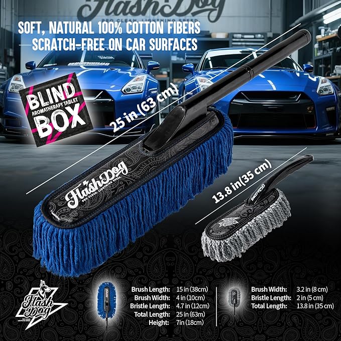 Flash Dog Car Duster Exterior Scratch Free, Waterless Cleaning Brush for Car Truck RV Boat, Gifts for Men Women, Storage Bag & Air Freshener - Wooden Handle Wax Cotton Duster & Mini Interior Brush