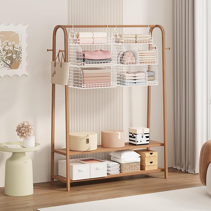 SWTYMIKI Hanging Closet Organizer Storage - 3 Tier Metal Stackable Hanging Closet Shelves with Dividers and S Hooks, Foldable Clothes Shelves for Clothes, Pants, Shoes, Coat, Hats Clutches Accessories