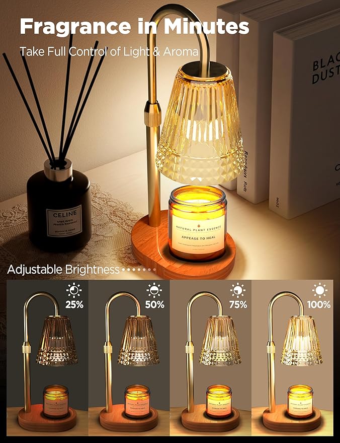 TATAANTY Candle Warmer Lamp with Timer, Wood Base Home Decor Candle Warmers, 4 Lights and 3 Timers. Table Lamp Birthday Gift for Women, Suitable for Bedroom, Offices, and Living Rooms